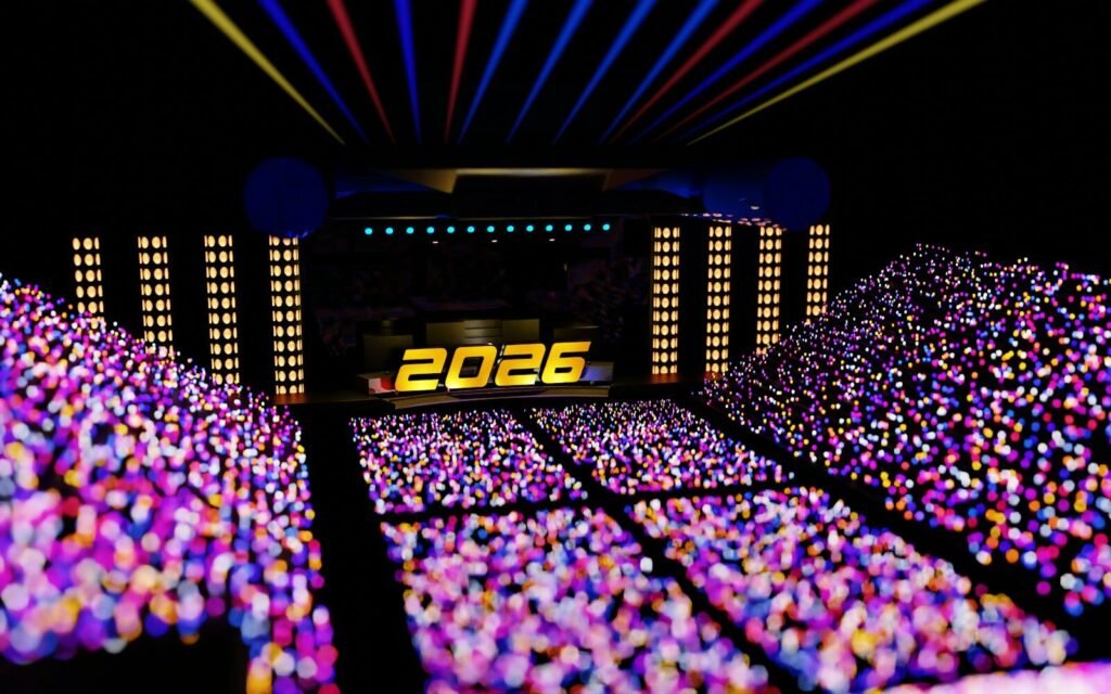 A stadium filled with cheering fans and the year 2026.